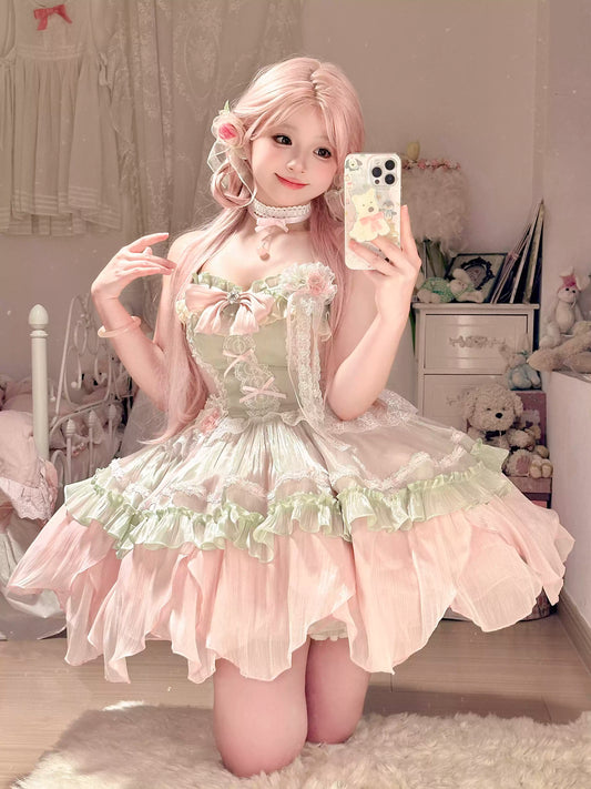 Platycodon Girls Summer Dance Party Pink Green Lolita Dress