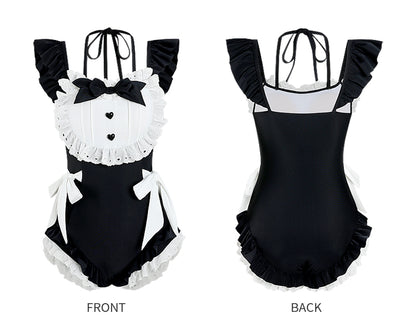 Masked Cat Lazy Maid Black White One Piece Swimsuit