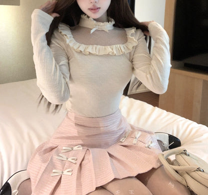 Lazy Girl Sweet Coquette Bow Pink White Fur Strap Top & Pleated Skirt & Shirt Three Piece Set