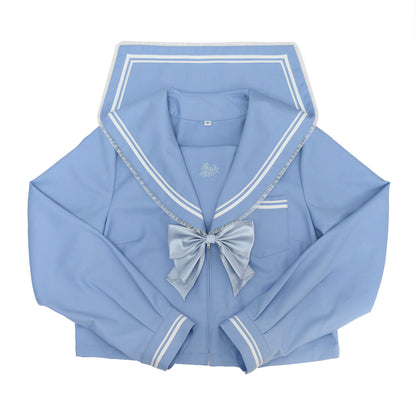 Plus Size Women Sky Blue Cute Japanese Student Sailor Uniform Seifuku Shirt & Skirt Two Piece Set