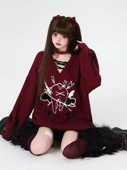 Crazy Girl Lovelorn Club Tooth Fairy Red Black White Knit Sweater