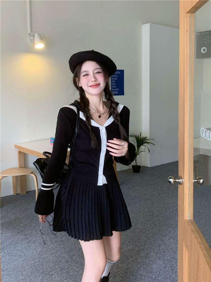 Academia Chic Autumn Cute Black Long Sleeve Knit Cardigan Top & Pleated Mini Skirt Two Piece Set