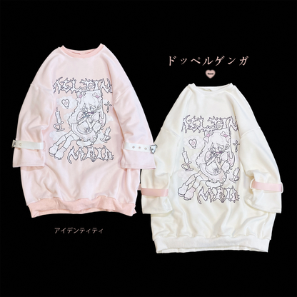 Kitten Bullet Melting Girl White Pink Leather Strap Sweater Sweatshirt