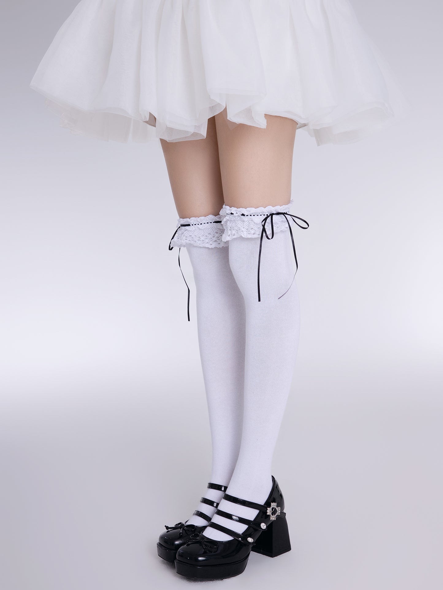 EGL Over Under The Knee Bow Lace Black White Socks Stockings