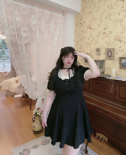 Plus Size Cute Sweet Lace Square Neck Little Black Dress