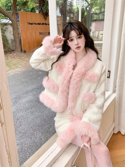 Winter Elegant Lady Pink Fur Edges Cuffs White Jacket & Skirt Two Piece Set