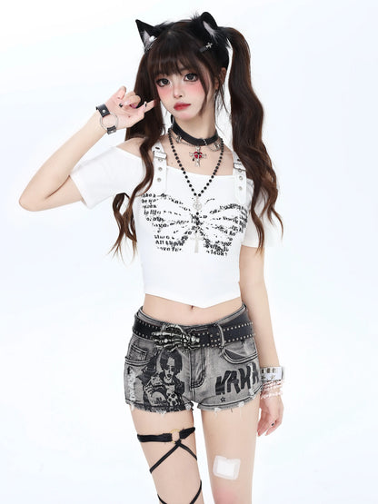 Crazy Girl Butterfly Print Black & White Strap Top