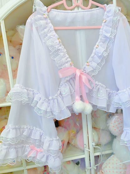 Candy Fairy Sheer See Through White Rose Ruffled Cardigan