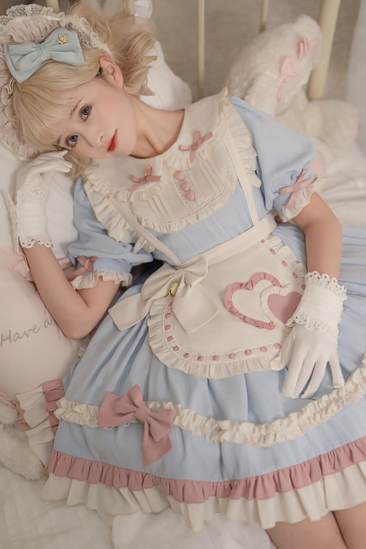 Lolita Pastel Blue Pink Maid Apron Puff Sleeve Princess Dress