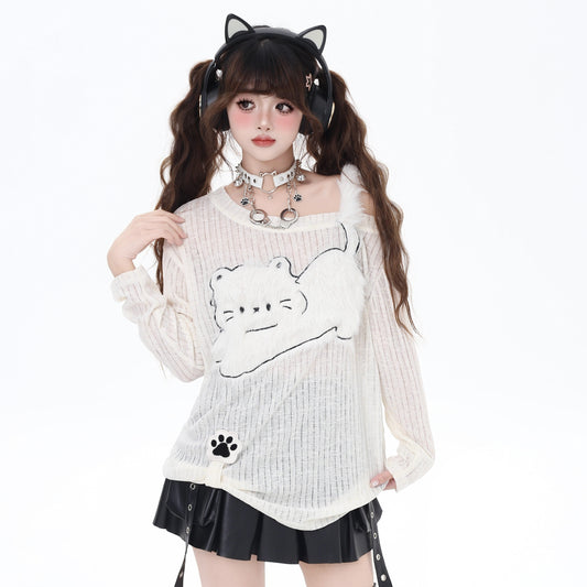 Crazy Girl Sweet White Cat Sheer Sweater Top