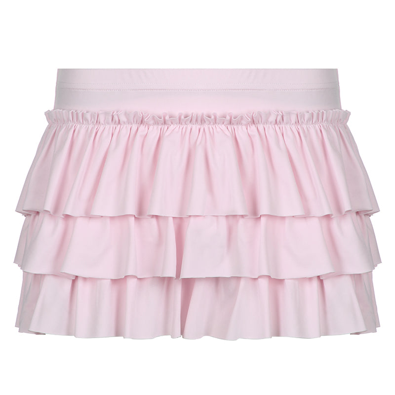 Soft Girl Coquette Pastel Pink Lace Ruffled Bow Short Skirt