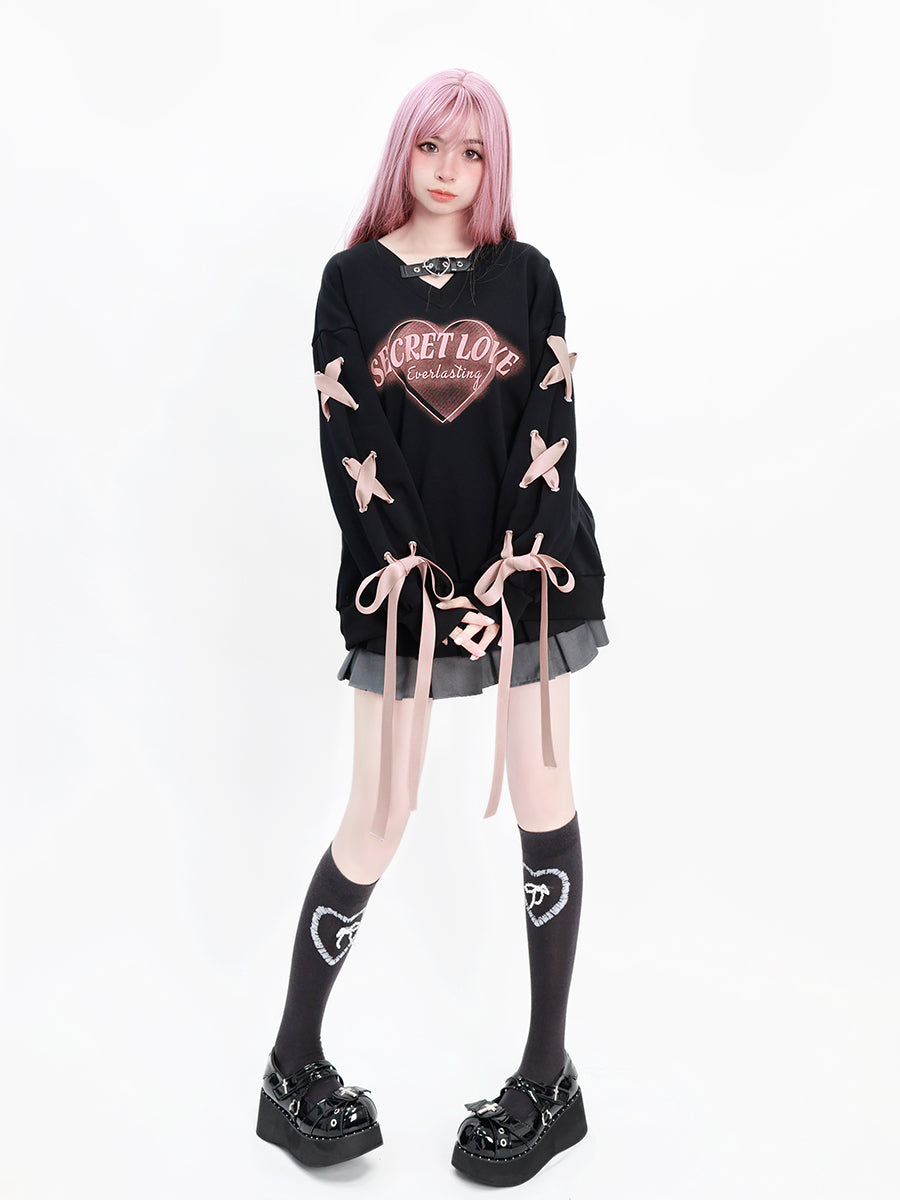 V-Neck Ribbon Secret Love Autumn Black Sweatshirt