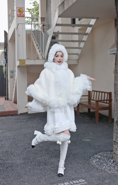 Sweetheart Princess Winter White Polar Bear Ears Fur Hooded Cloak Cape Jacket