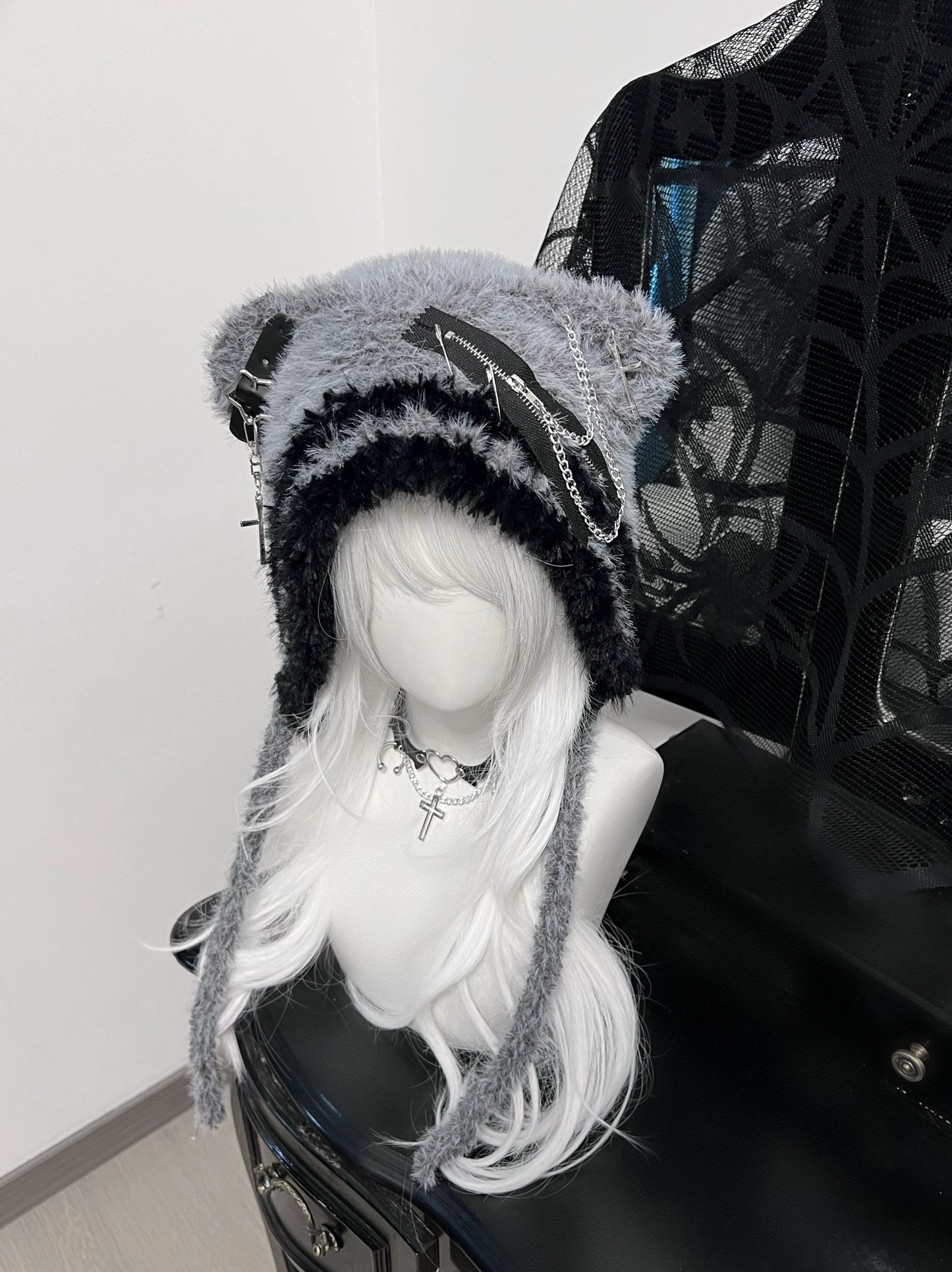 Y2K Polar Bear Ears Gray Black Wool Hats