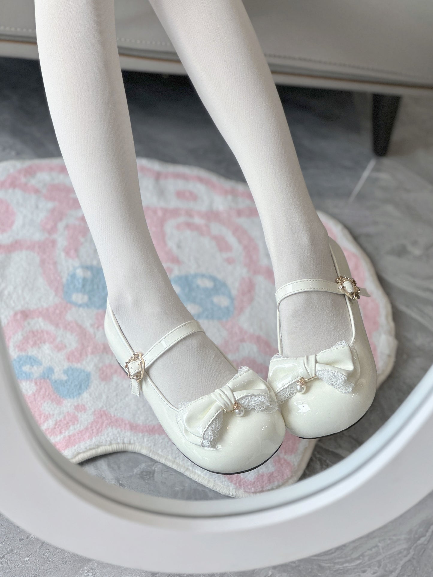 Love Letter Little Pearl Lolita Black White Pink Blue Brown Low Heels Shoes