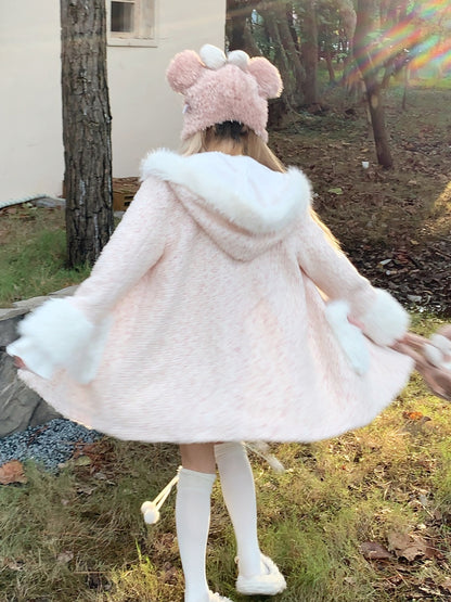 Picnic Girl Winter Sweet Bow Pink White Hooded Wool Fur Coat