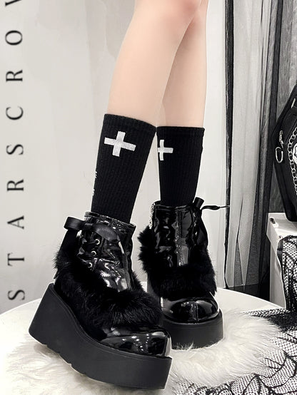 Stars Crown Lolita Winter Fur Pink White Black Platform Boots