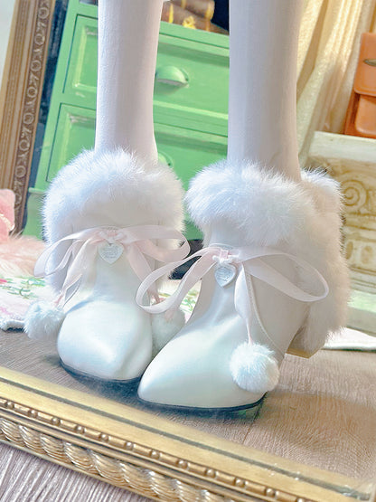 Pinky Sweet Princess Fur Plush Pompom Balls White Short Pointed Toe Boots Shoes