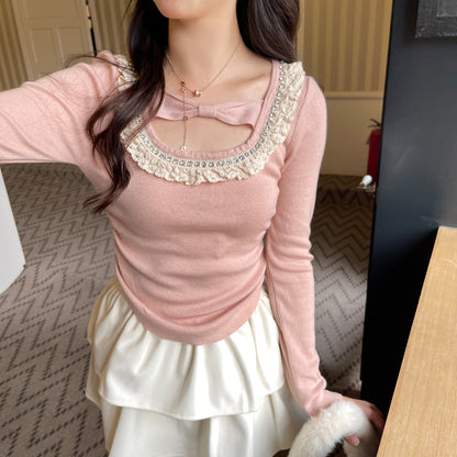 Ruellia Winter Lace Collar Sweet Crystal Diamond Pink Beige Knit Sweater Shirt