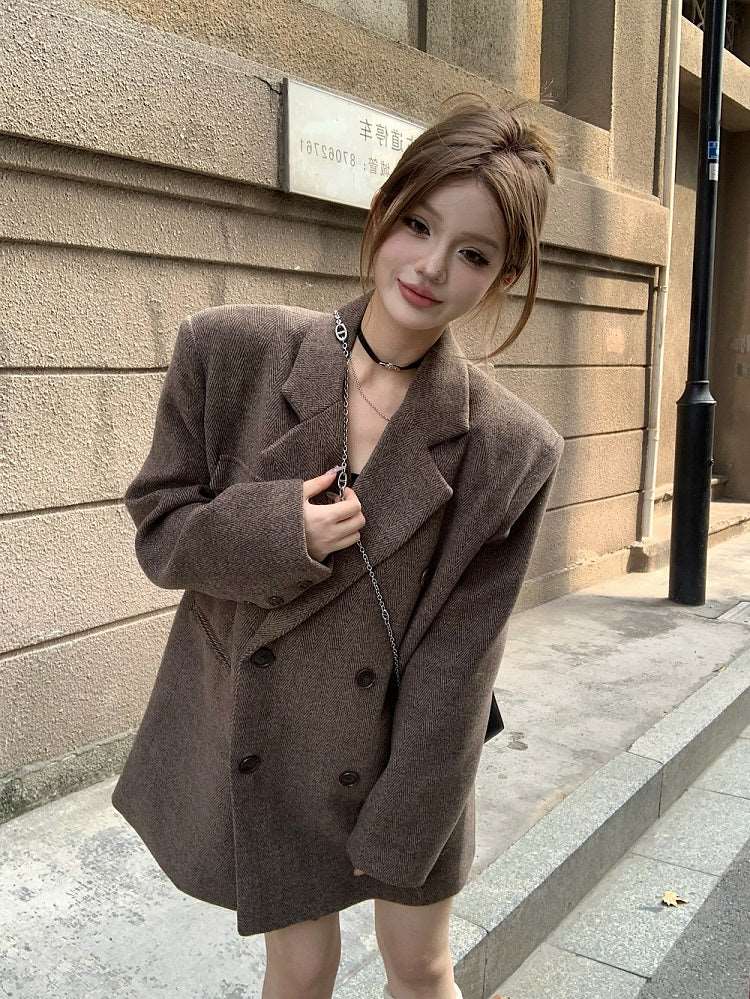 Coffee Brown Chic Autumn Winter Woolen Herringbone Jacket