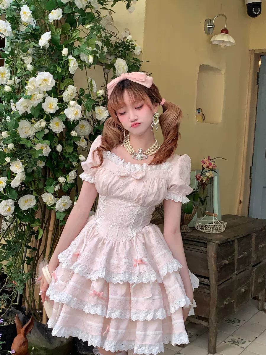 Picnic Girl Moonlight White Peach Pink Puff Sleeve Princess Dress