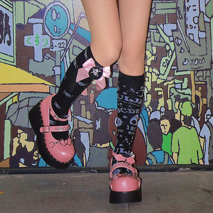 Gururu Punk Rock Girl Silver Heart Chains Pink Purple Black Wedges Shoes