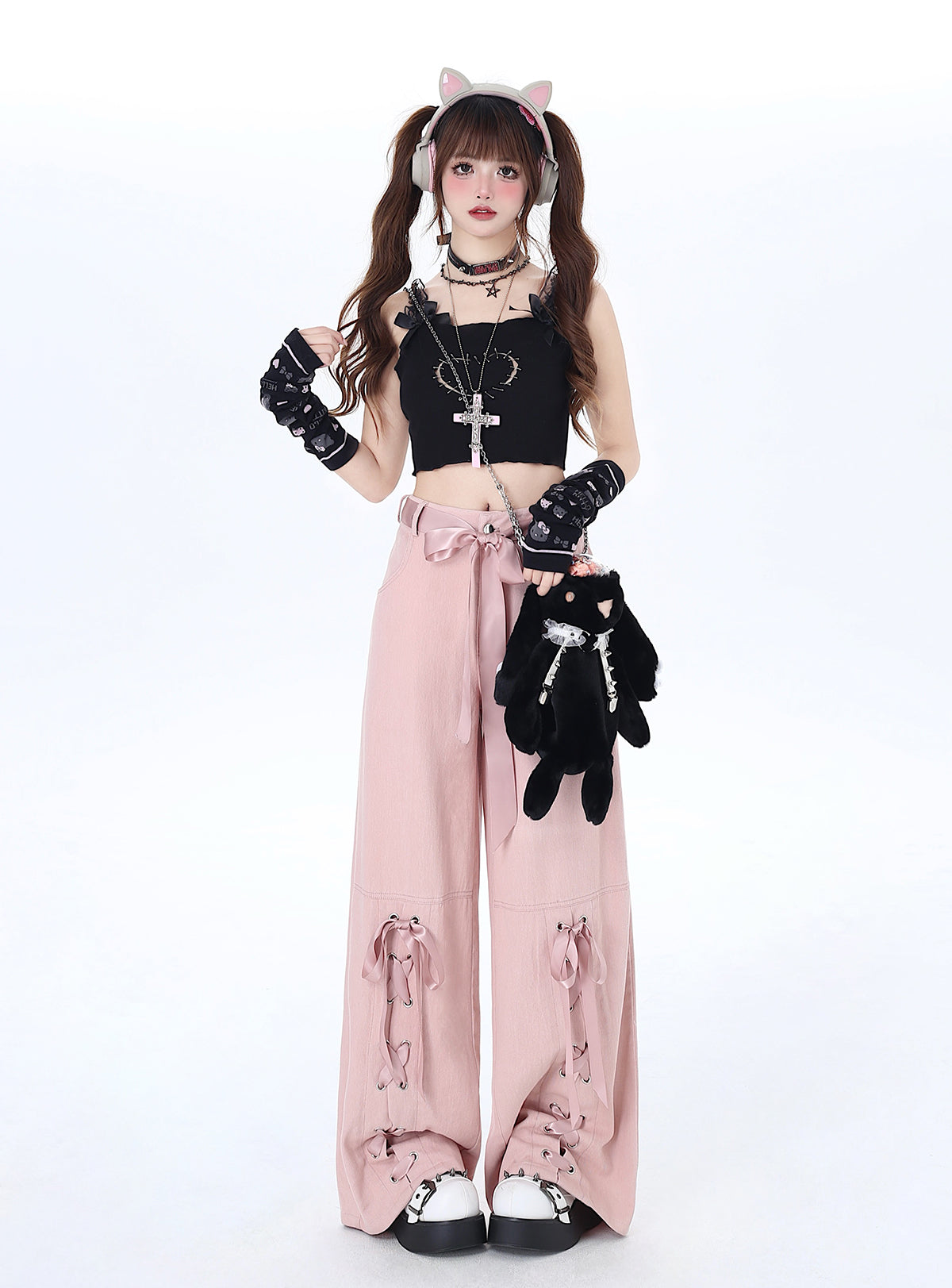 Crazy Girl Pink Mist Balletcore Bow Pink Wide Leg Jeans Pants