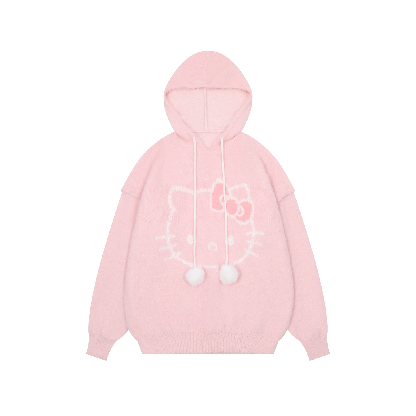 Young Eyes Sweet Kitty Cat Cartoon Pink Blue Fuzzy Hoodie Sweater