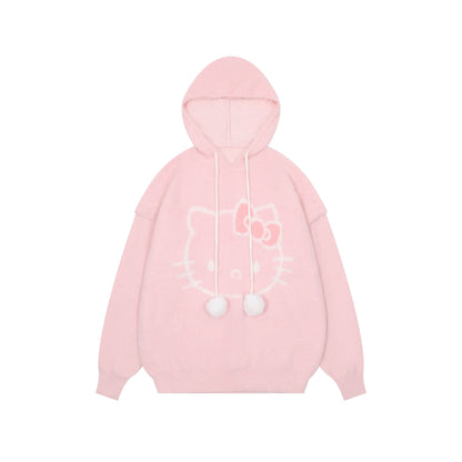 Young Eyes Sweet Kitty Cat Cartoon Pink Blue Fuzzy Hoodie Sweater