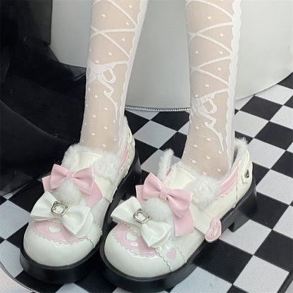 Winter Plush Lolita Bow Cat White Pink Blue Black Shoes