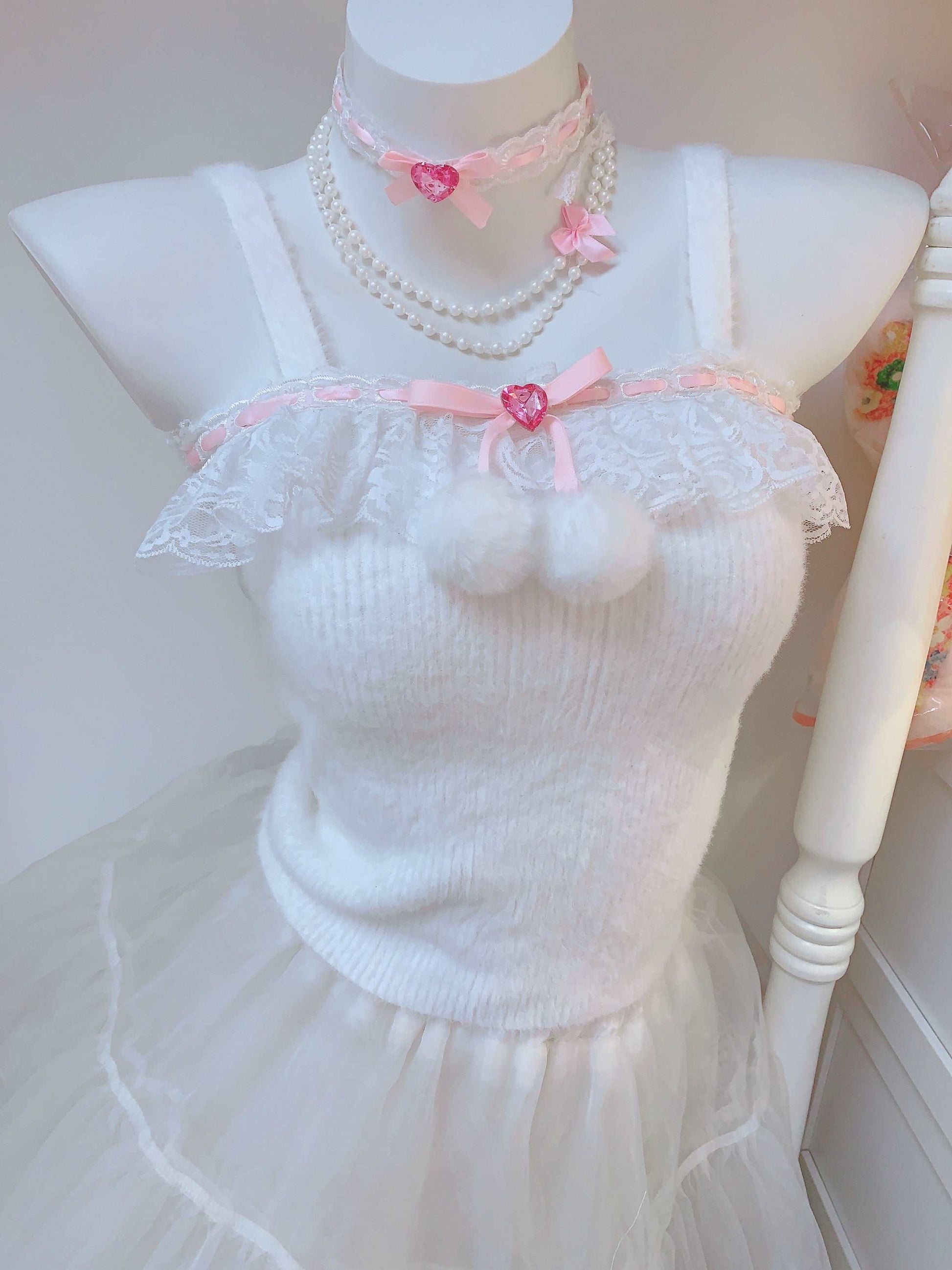 Candy Fairy Winter Sweet Knit Pink White Black Lace Pompom Balls Camisole Top