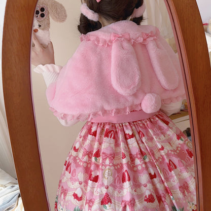 Lolita Cute Little Rabbit Ears Pink & White Winter Cape