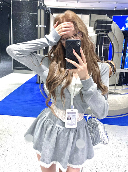 Kiki Idol Trainee Gray Black Hoodie & Skirt Two Piece Set