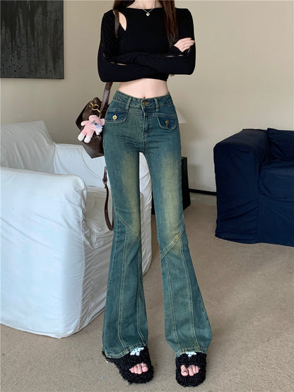 Retro Style Wash Pants Denim Micro Flair Jeans