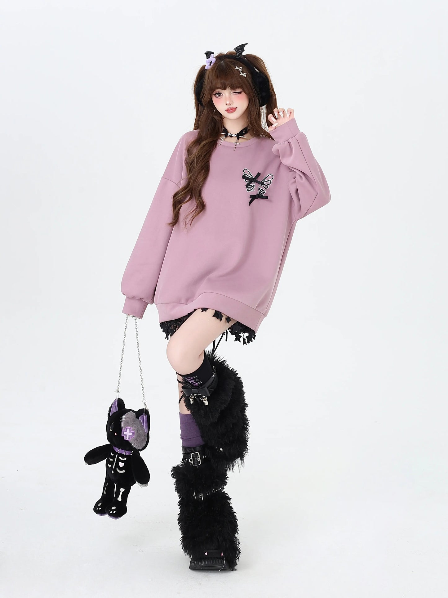 Crazy Girl Dream Cracks Zig Zag Bow Pink Black White Purple Sweater