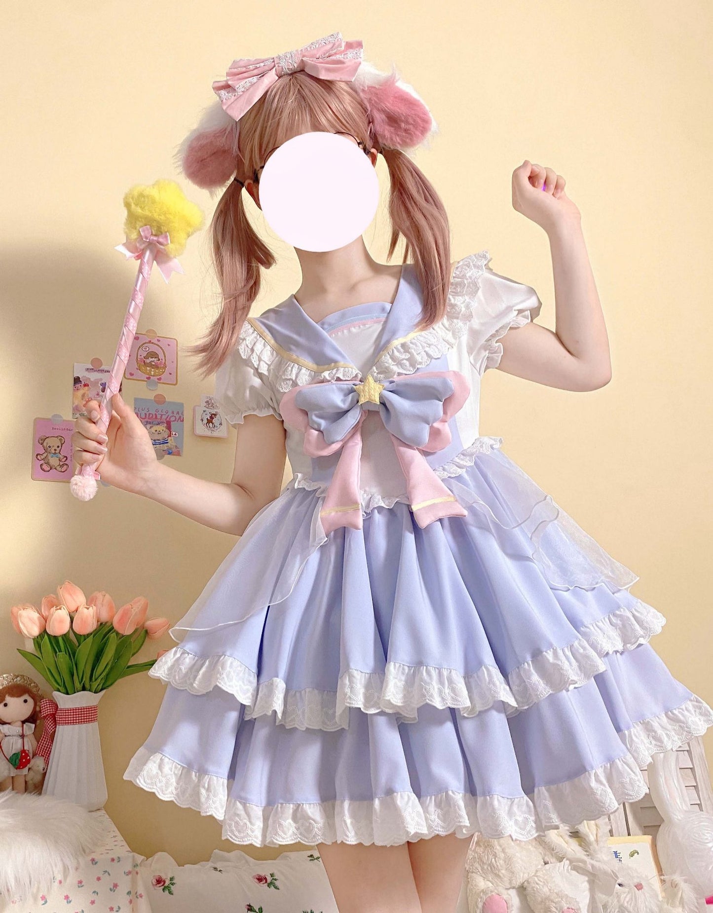 Starlight Sweetheart Magical Girl Anime Pink & Blue Star Sailor Collar Ruffled Lolita Dress