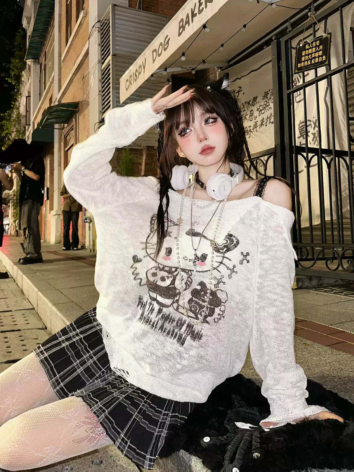 Young Eyes Dark Night Kitty Black White Sheer Top