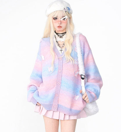 Young Eyes Pastel Blue Pink Striped Butterfly Fuzzy Cardigan