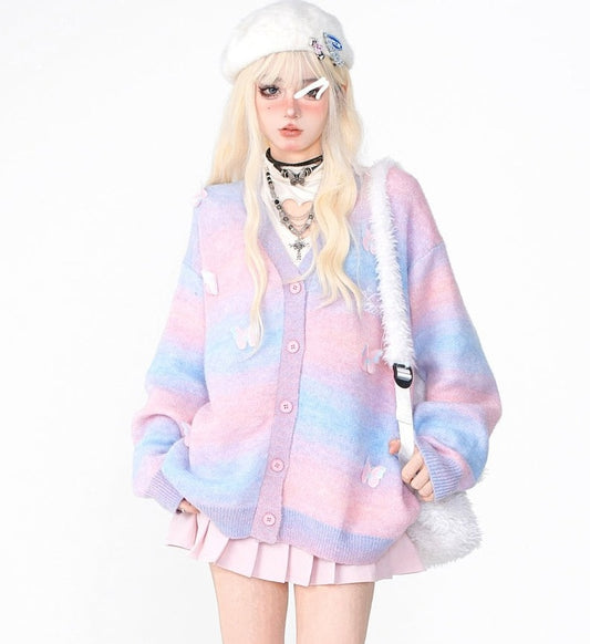 Young Eyes Pastel Blue Pink Striped Butterfly Fuzzy Cardigan