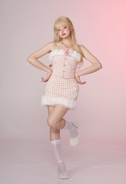 Fancy Girl Anna Winter Pink Tweed Fur Plush Tube Top & Skirt & White Cardigan Three Piece Set