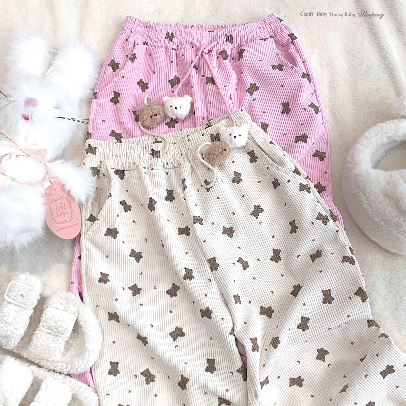 Dormir Doll Bear Cookie Print Corduroy Beige Pink Elastic Waist Pants