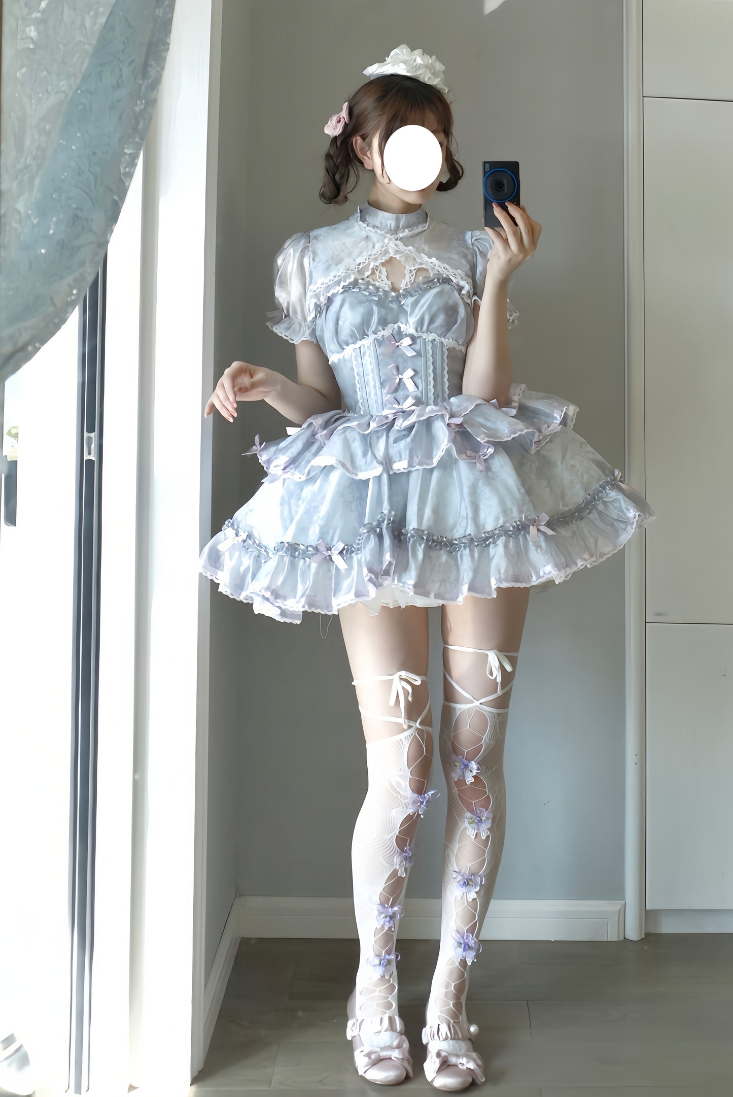 Lolita Floral Print Pink Blue Black Ruffled Cute Sweet Short Dress