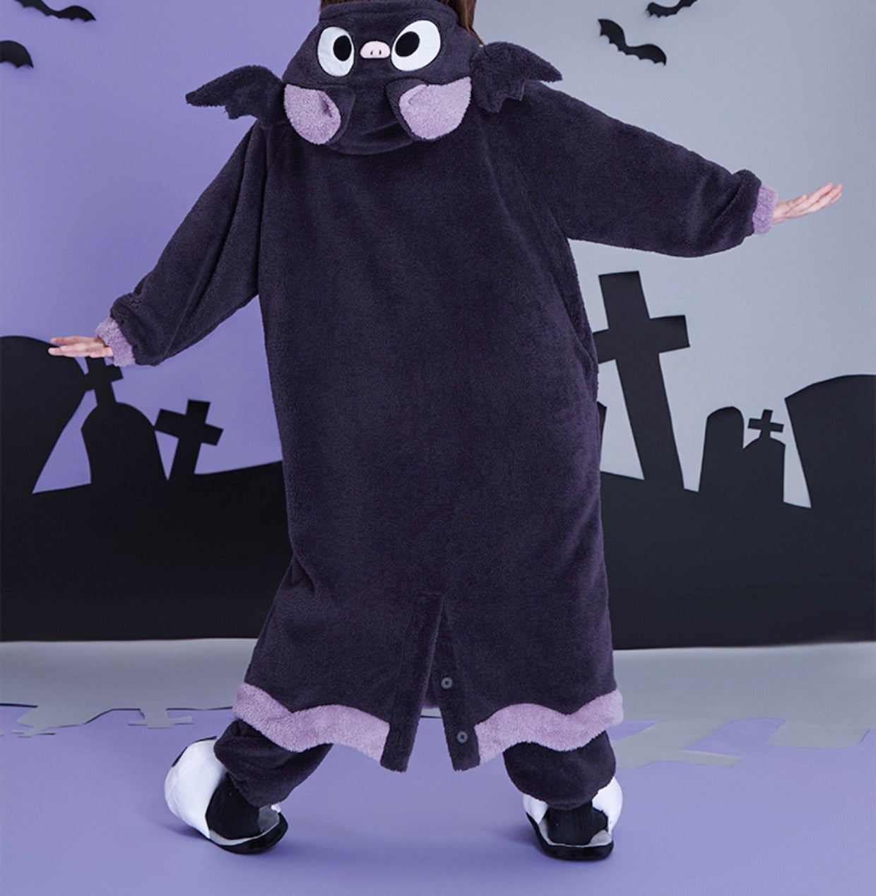 Halloween Black Spooky Bat Ears Hooded Nightgown Long Bathrobe Pants Pajamas