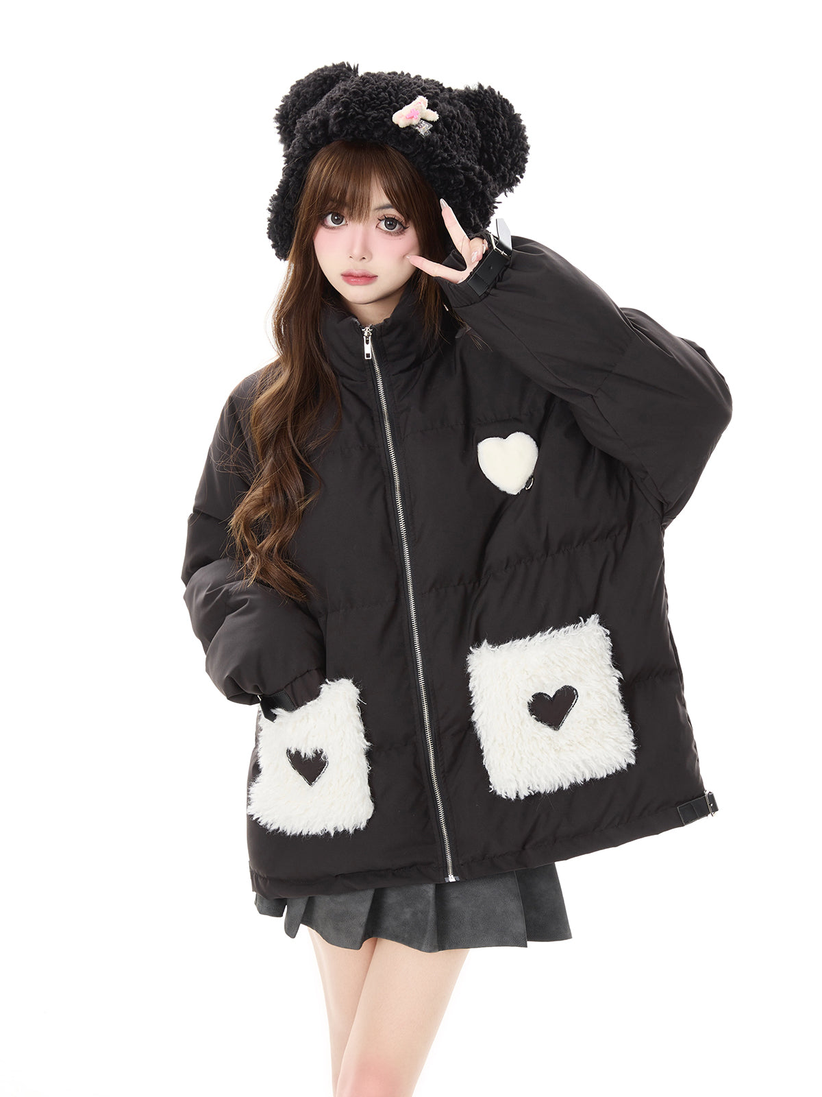 Crazy Girl Plush Collar Love Heart Winter Pink Black Puffer Jacket