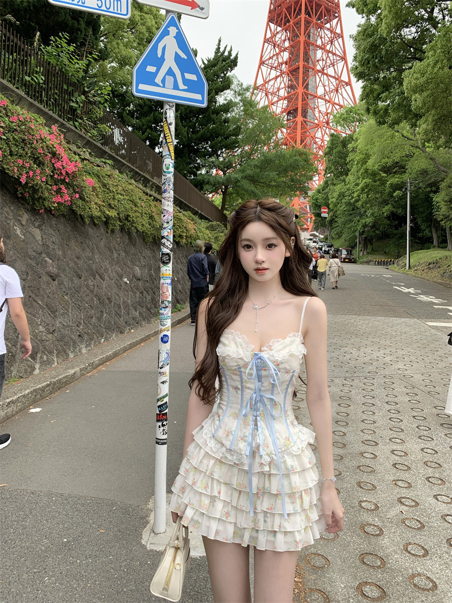 Lazy Girl Sakura Story Floral Blue Bow White Camisole & Skirt Two Piece Set