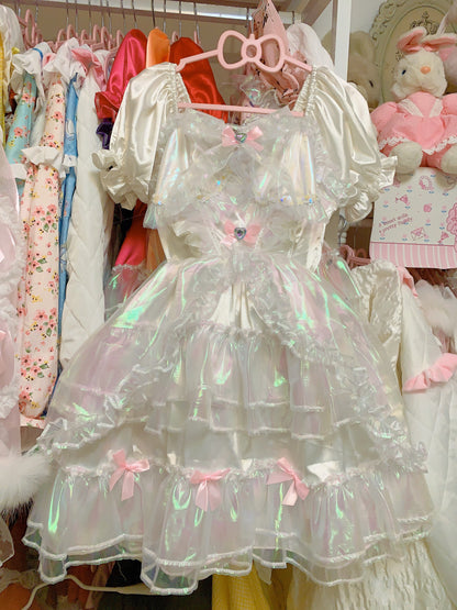 Candy Fairy Run Away Princess Sparkling Ruffled Layered Puff Sleeve White Dress