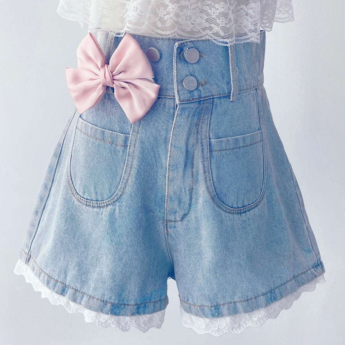 Angel Kiss Lace Pink Ribbon White Top Blouse & Bow Denim Shorts Two Piece Set