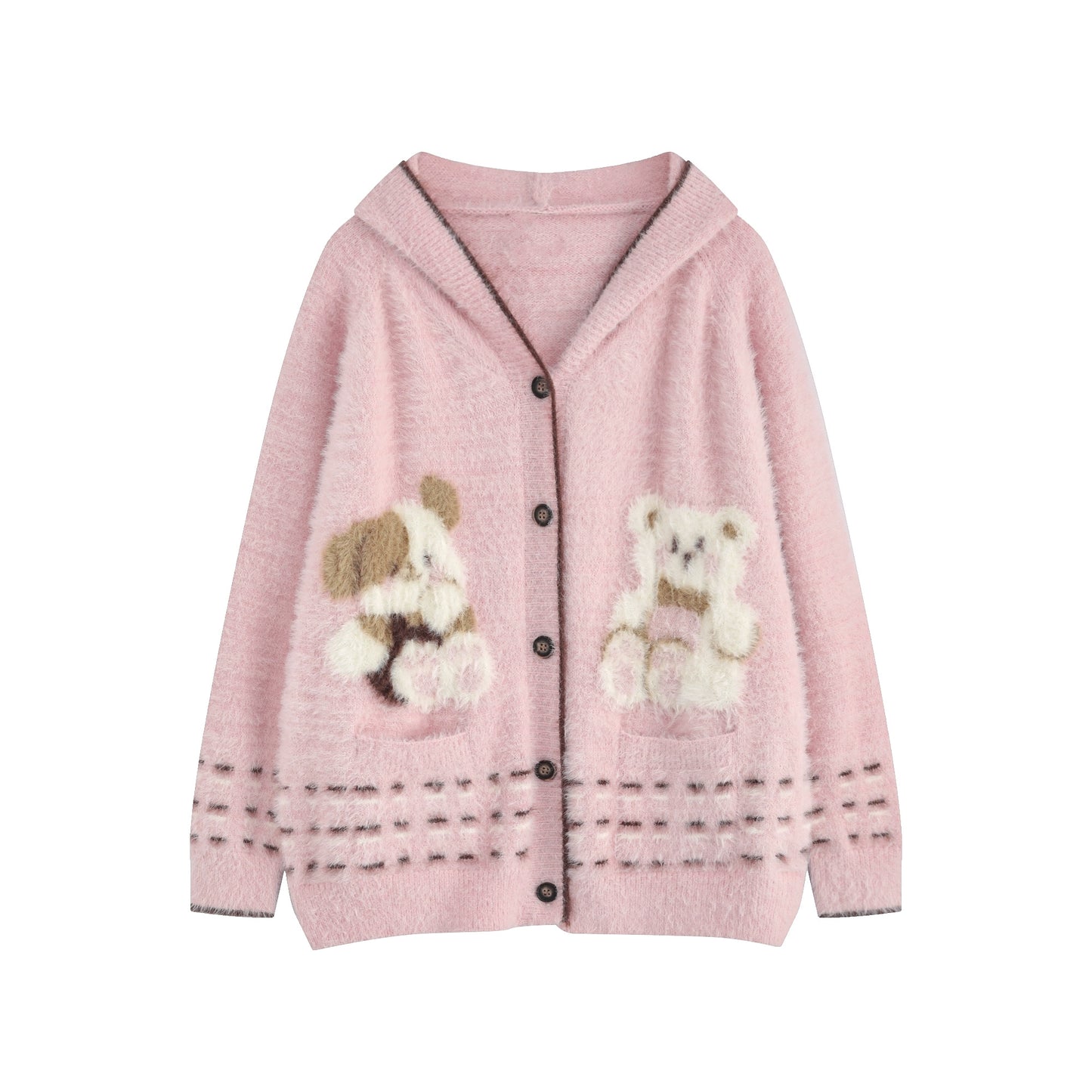 Young Eyes Puppy Bear Romance Brown Pink Fuzzy Hoodie Sweater