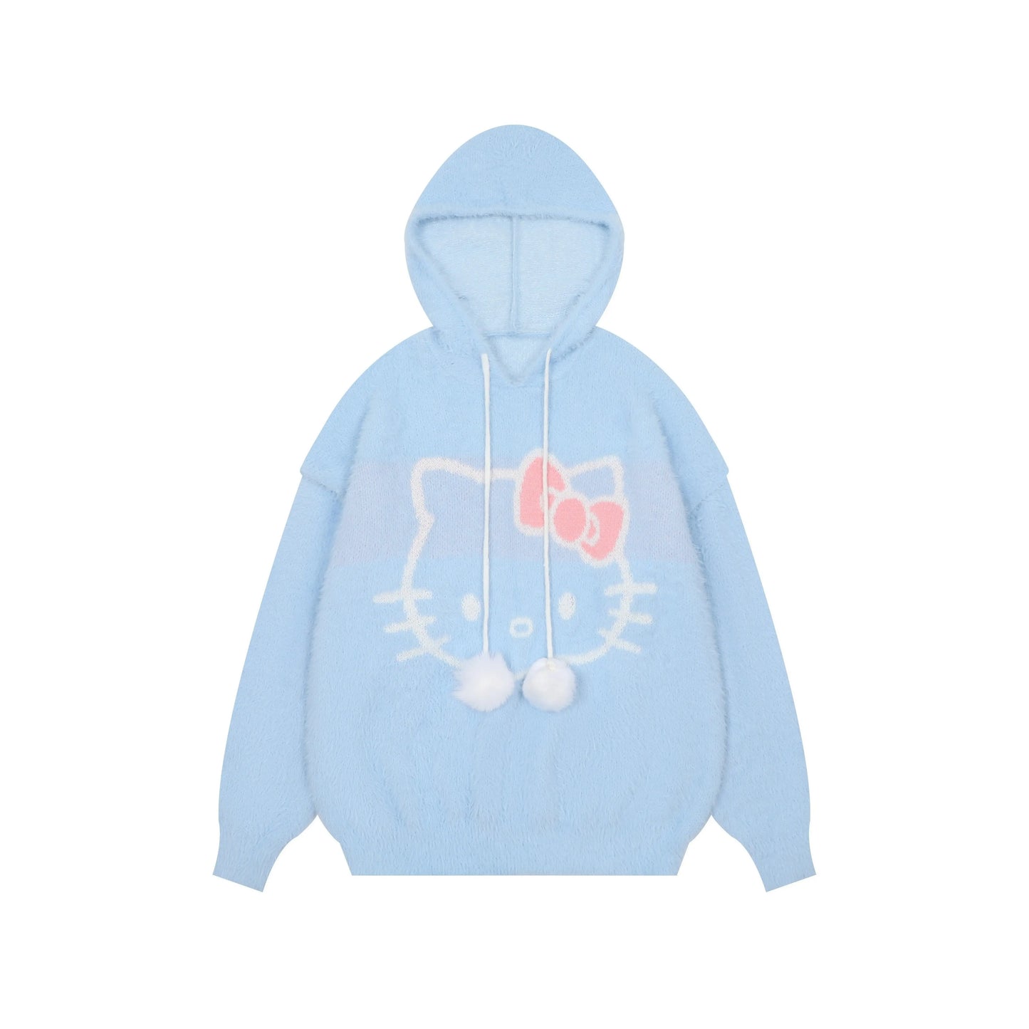 Young Eyes Sweet Kitty Cat Cartoon Pink Blue Fuzzy Hoodie Sweater