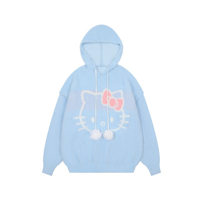 Young Eyes Sweet Kitty Cat Cartoon Pink Blue Fuzzy Hoodie Sweater